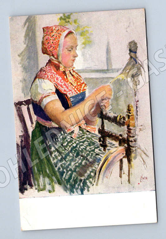 Pohlednice Lužický kroj pradlena L Kuba (M8979)