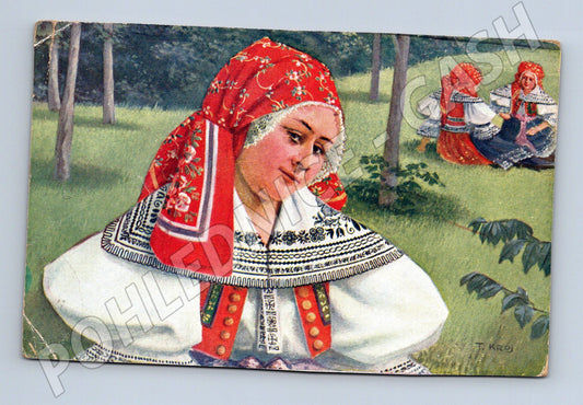 Pohlednice národní kroj 1961 malovaná odeslaná (M8981)