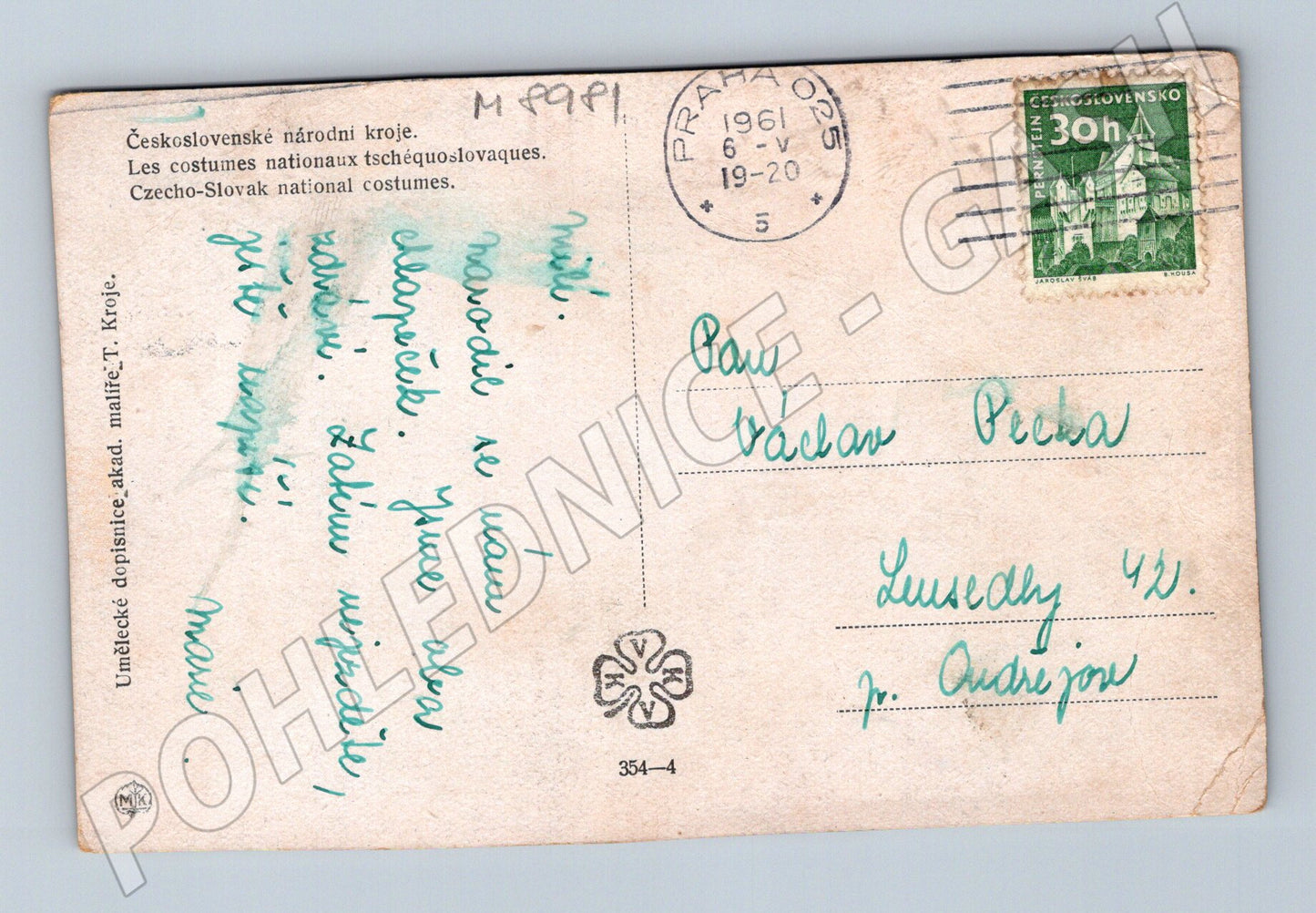 Postcard national costume 1961 painted sent (M8981)