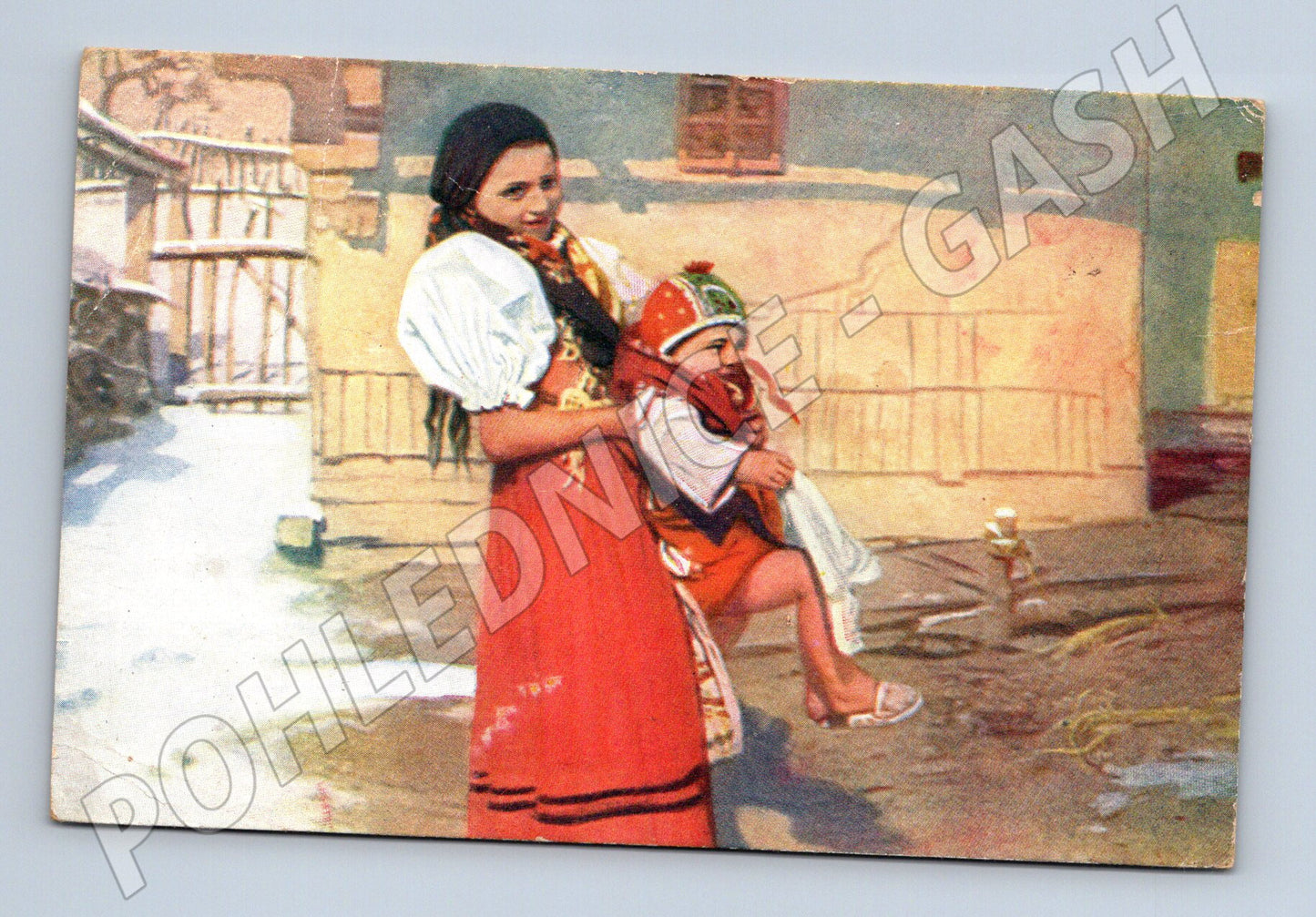 Postcard girl in folk costume with child 1937 (M8982)