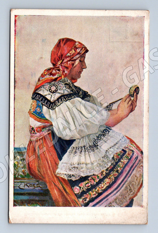 Postcard woman in traditional costume, Easter motif, Czechoslovakia (M8991)