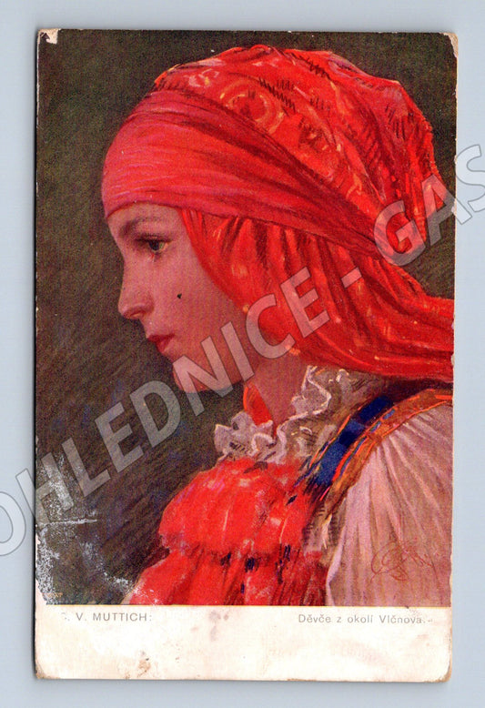Postcard of a girl from the vicinity of Včňov Muttich ethno (M9010)
