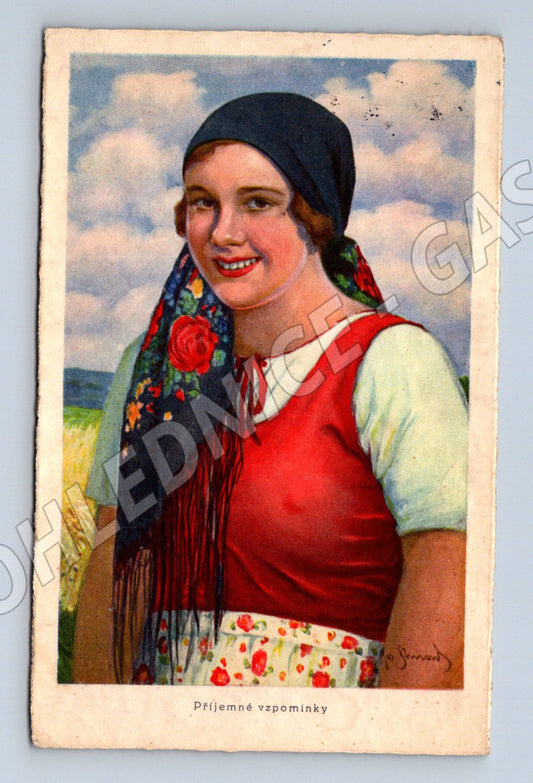 Pohlednice dívka v kroji ČSR 1930 prošlá (M9019)
