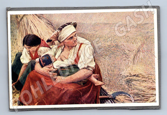 Pohlednice venkovská malba matka s dítětem žně (M9027)