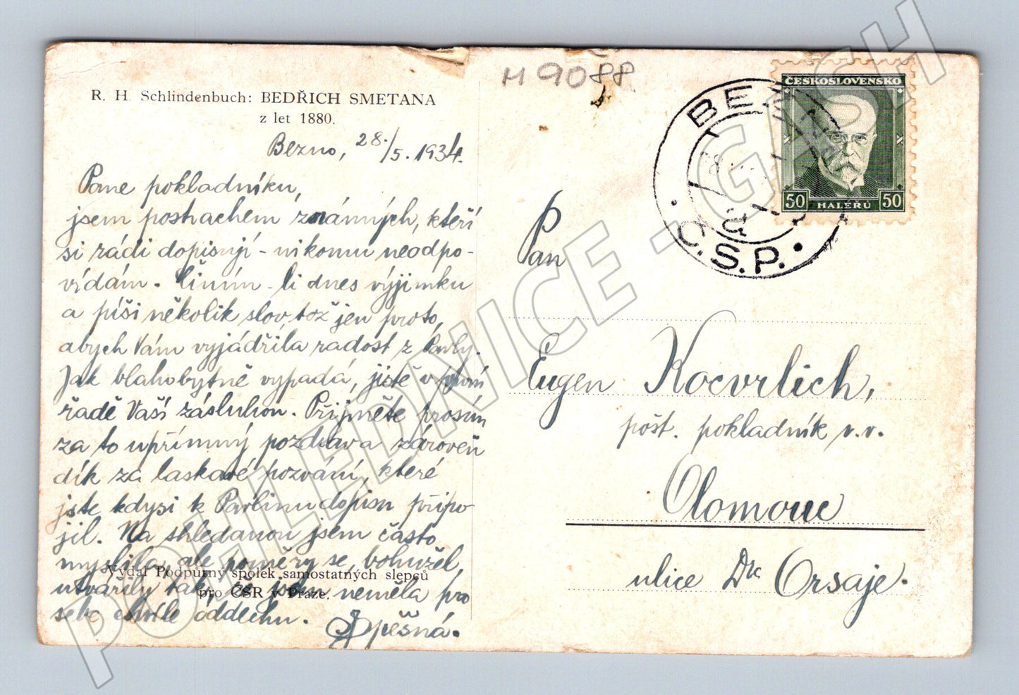 Pohlednice Bedřich Smetana s rukopisem 1934 (M9088)