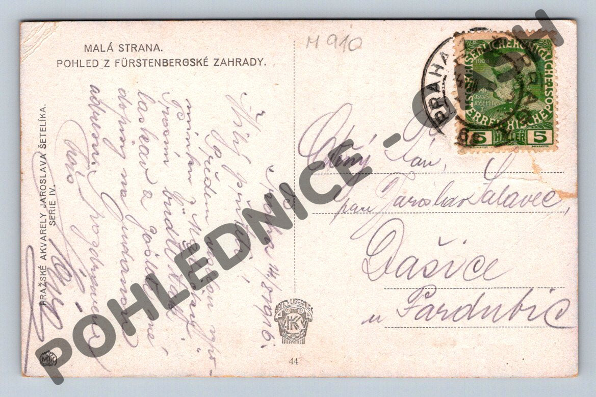 Pohlednice Praha Fürstenberská zahrada akvarel Šetelík (M910)