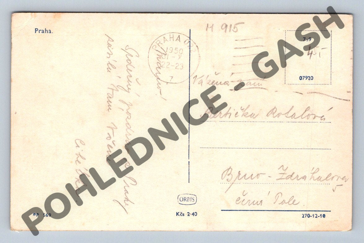 Pohlednice Praha Karlův most rok 1950 (M915)