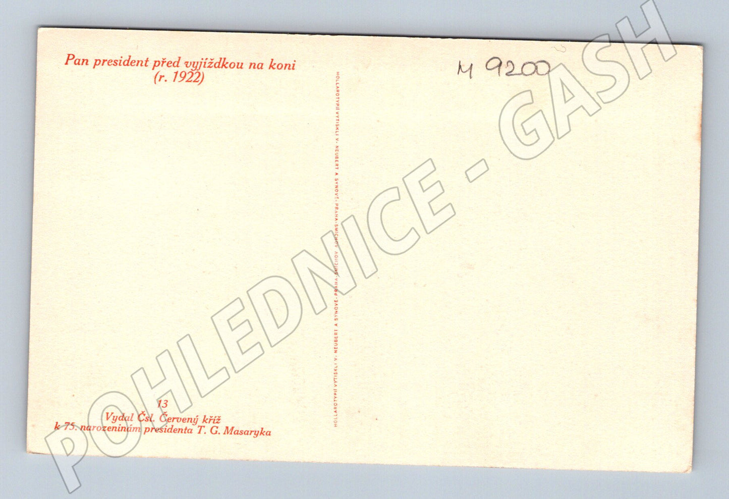 Pohlednice T G Masaryk před vyjížďkou na koni 1922 (M9200)