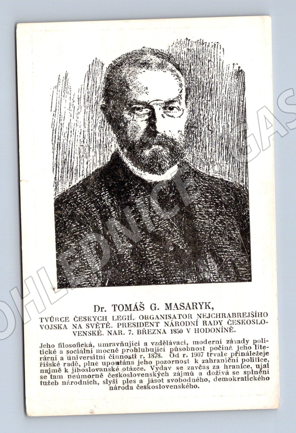 Postcard TG Masaryk portrait biography unused (M9202)