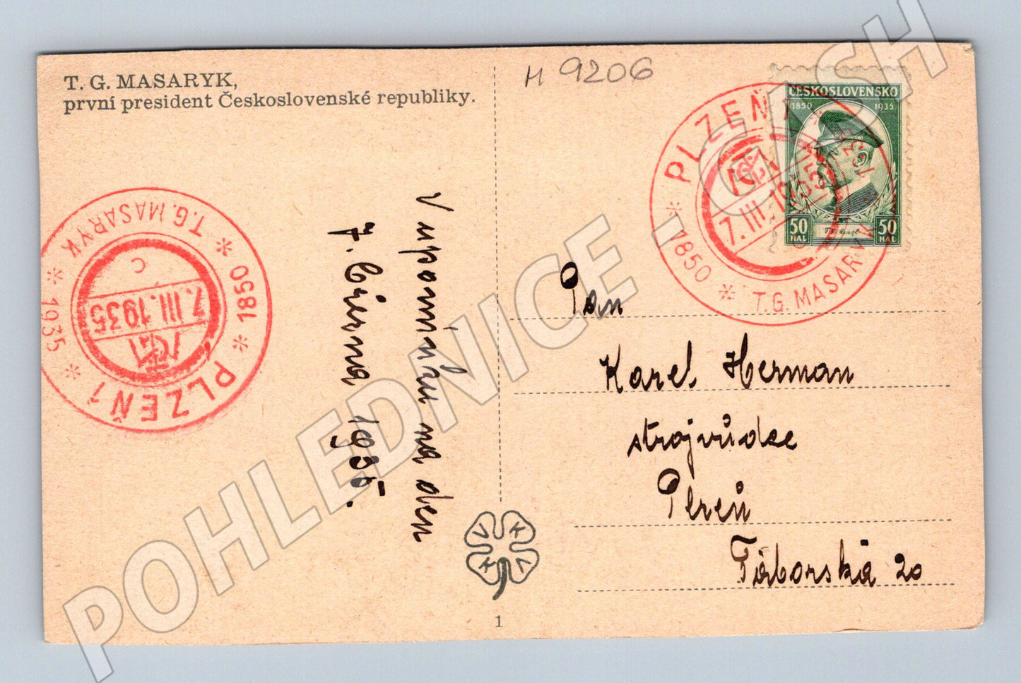 Pohlednice T G Masaryk první prezident 1935 razítko (M9206)