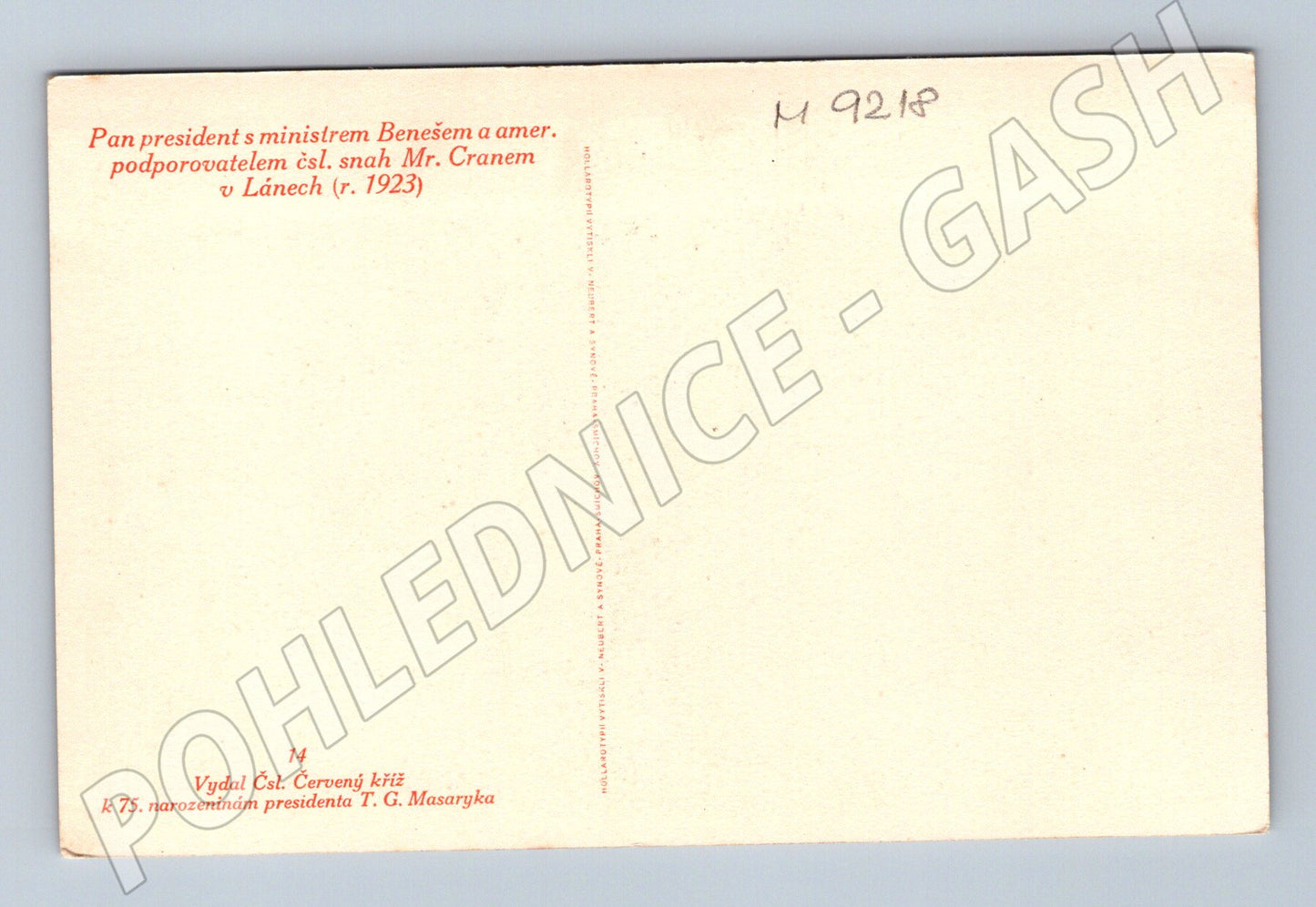 Postcard TG Masaryk Beneš Crane Lány (M9218)