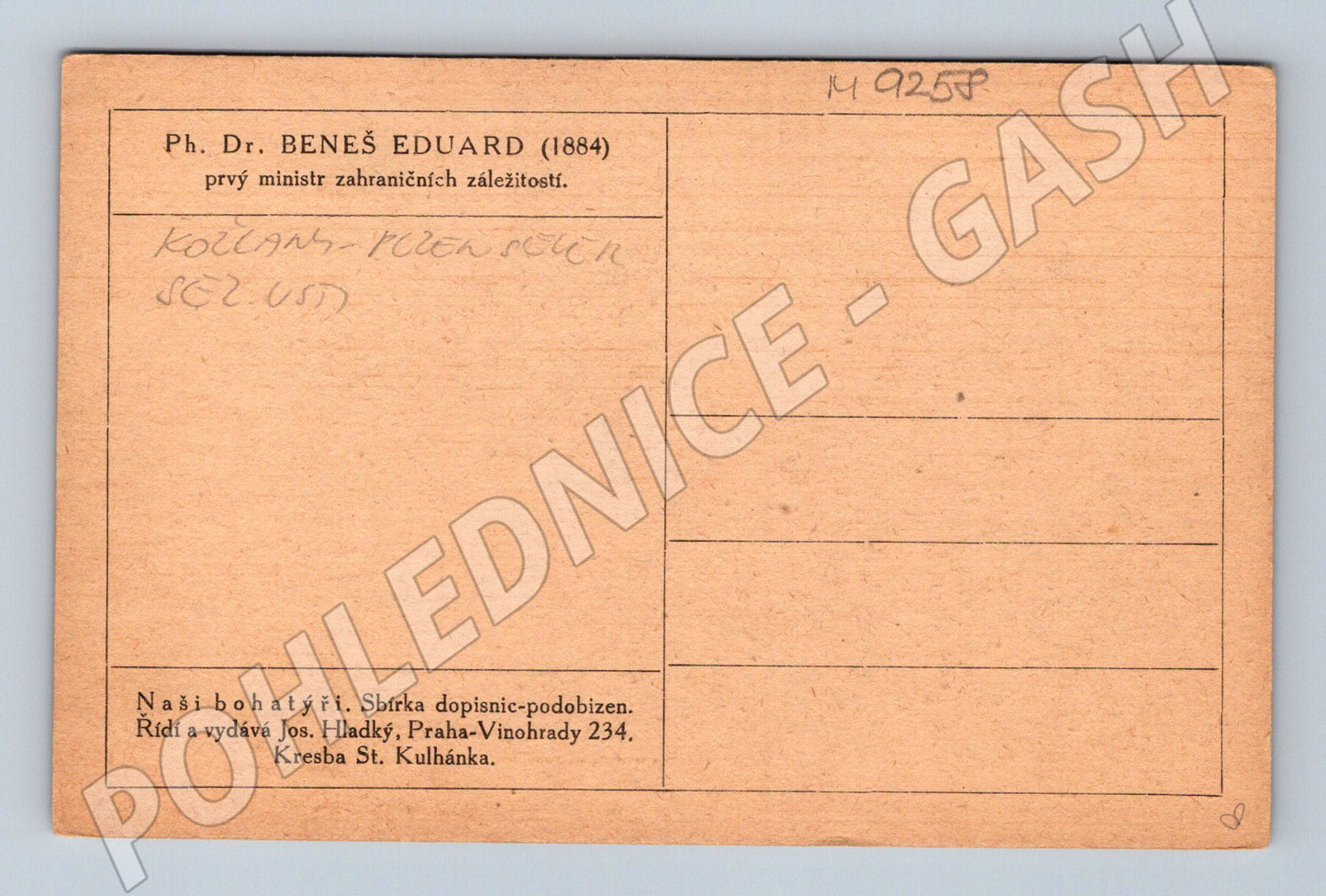 Postcard Edvard Beneš Our Heroes Kulhánek (M9258)