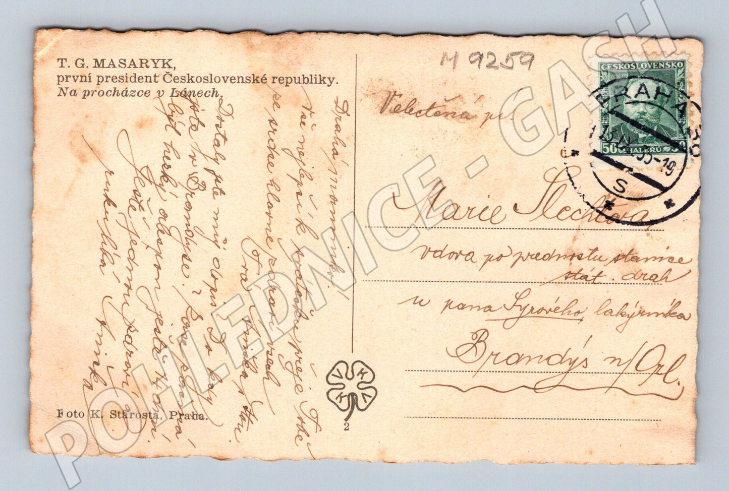 Postcard Masaryk walking in Lány 1919 (M9259)