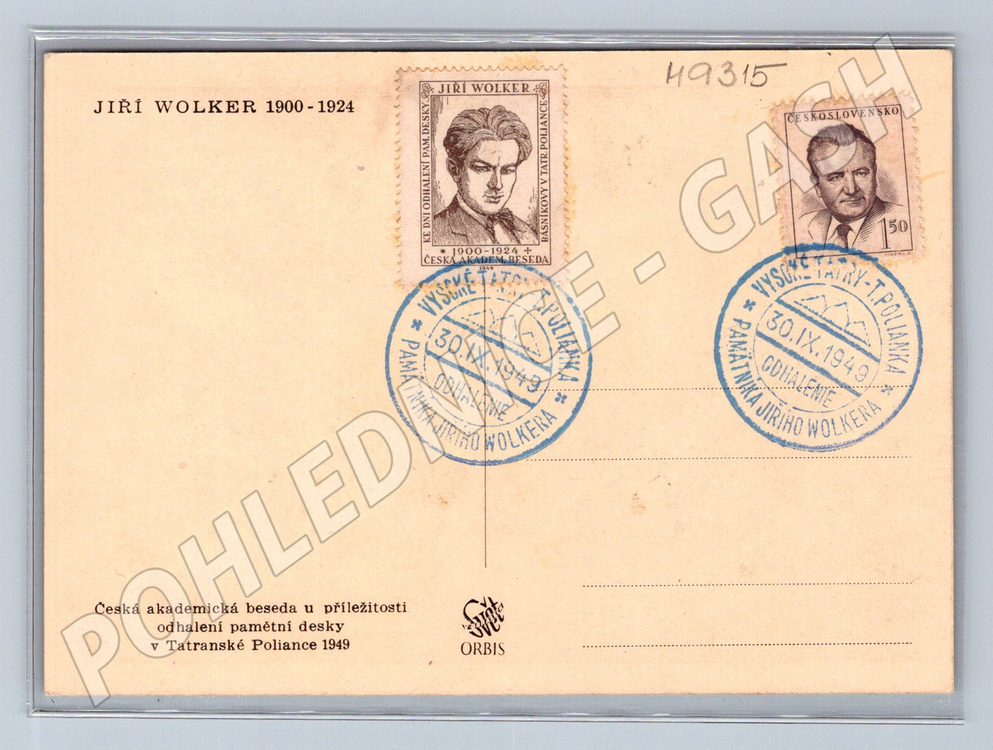 Pohlednice Jiří Wolker 1949 pamětní deska razítka (M9315)