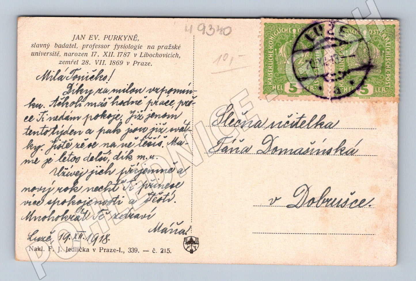 Postcard Jan Evangelista Purkyně scientist 1918 (M9340)