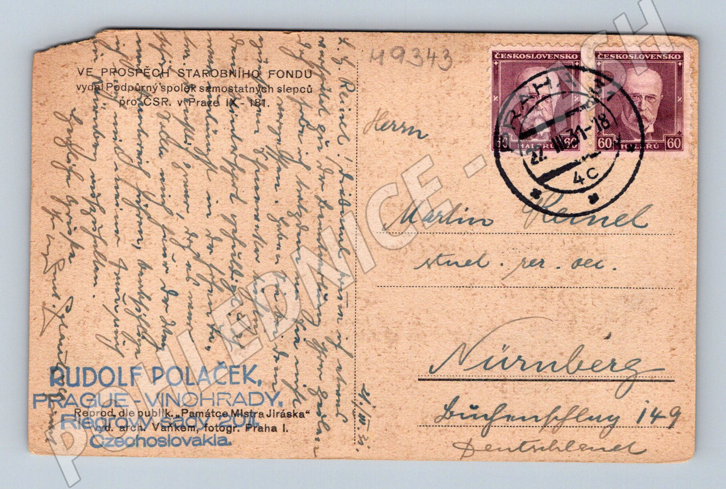 Pohlednice Alois Jirásek portrét 1931 prošlá (M9343)