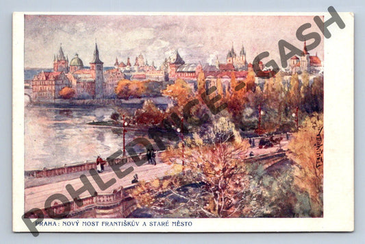 Pohlednice Praha Františkův most a Staré Město malba (M939)
