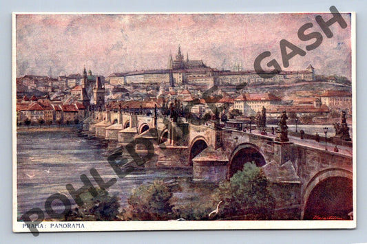 Pohlednice Praha Karlův most a panorama malba (M945)
