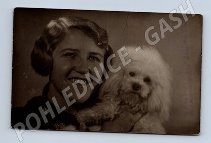 Postcard woman with white poodle photo b/w (M9508)