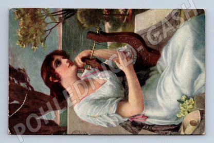 Postcard woman with lyre romantic 1928 (M9539)