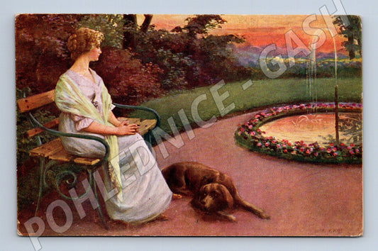Postcard woman in the park with a dog, Art Nouveau (M9540)