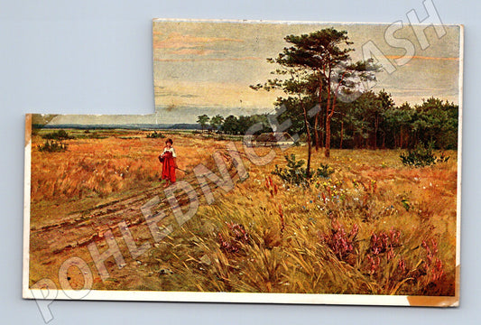 Postcard landscape woman in field 1950 (M9574)