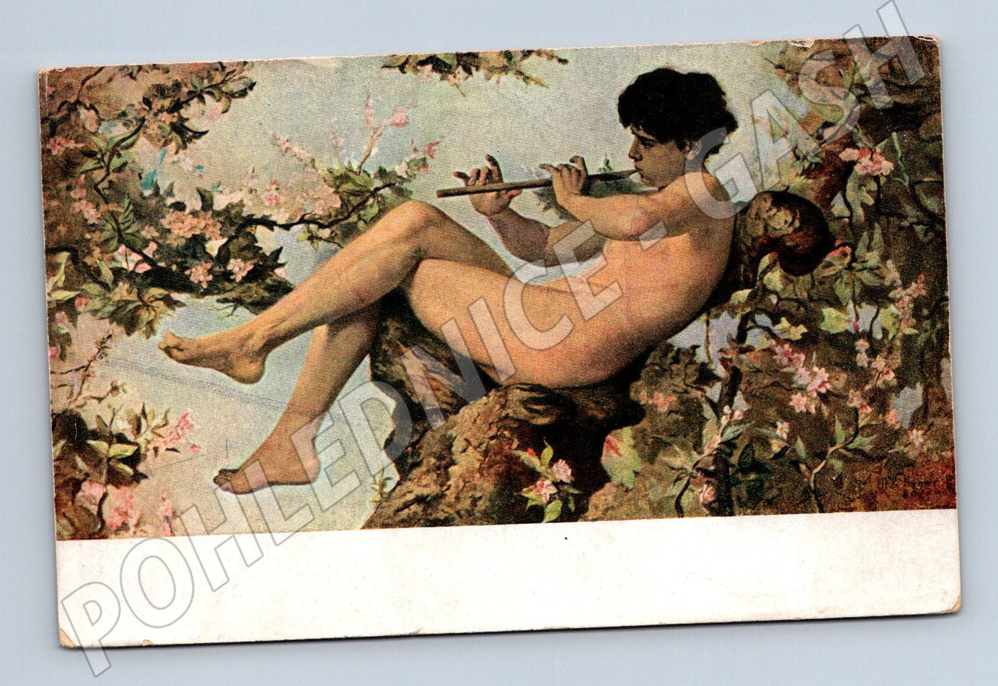 Postcard M Koner Among the flowers, a woman with a flute (M9581)