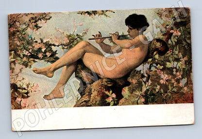 Postcard M Koner Among the flowers, a woman with a flute (M9581)