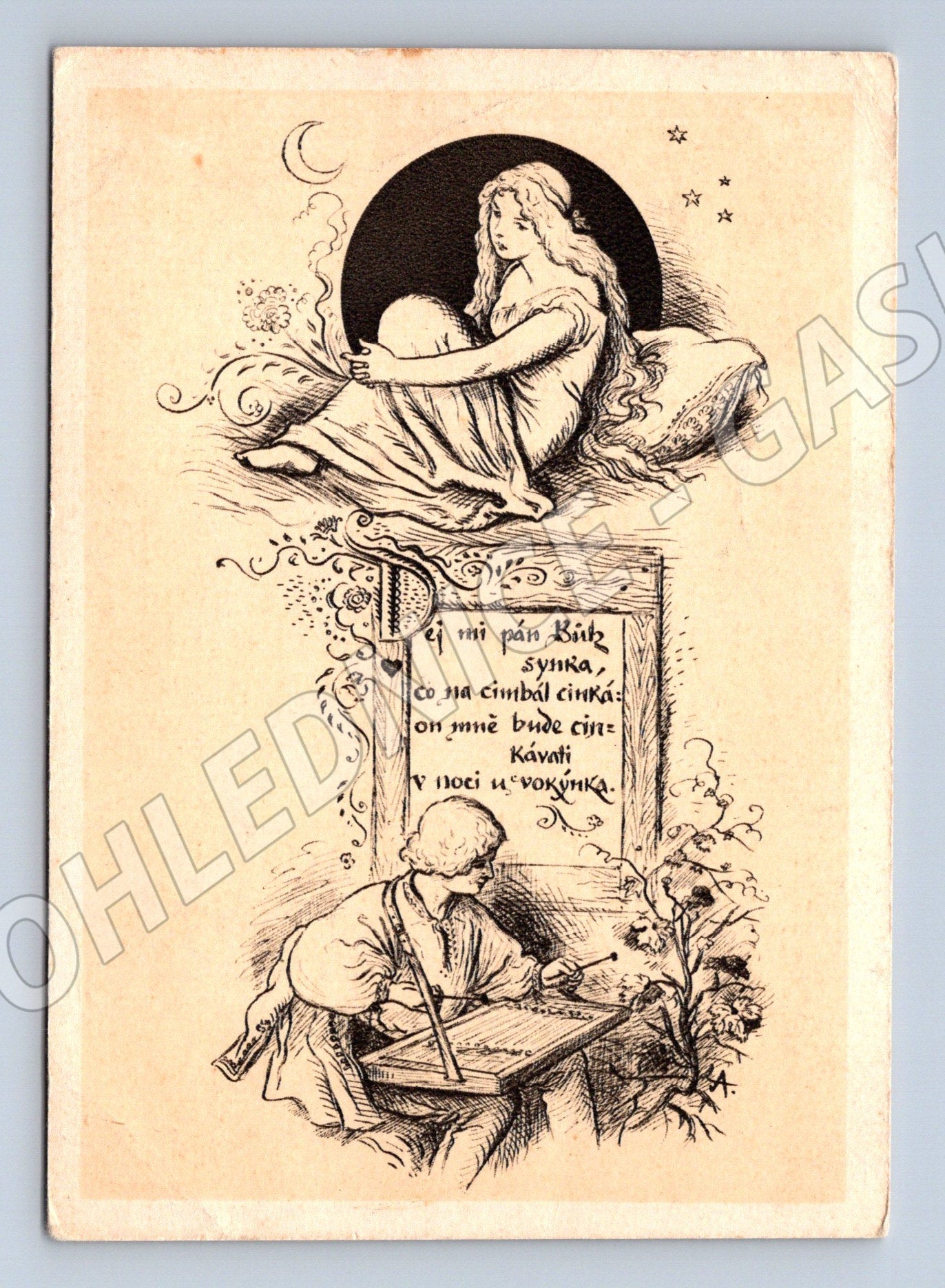 Pohlednice měsíc a dítě kreslená 1951 (M9599)