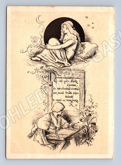 Pohlednice měsíc a dítě kreslená 1951 (M9599)