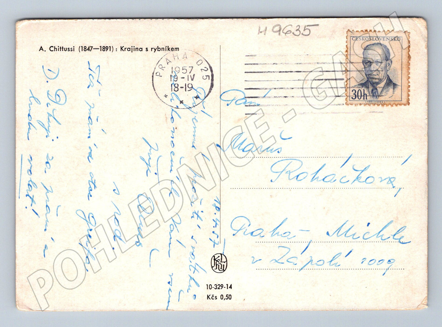 Pohlednice Chittussi krajina s rybníkem 1957 (M9635)