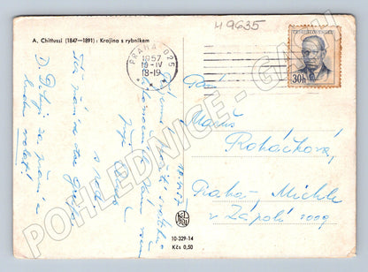 Pohlednice Chittussi krajina s rybníkem 1957 (M9635)