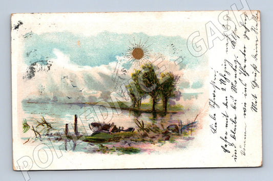 Postcard landscape with a boat foreign (M9676)
