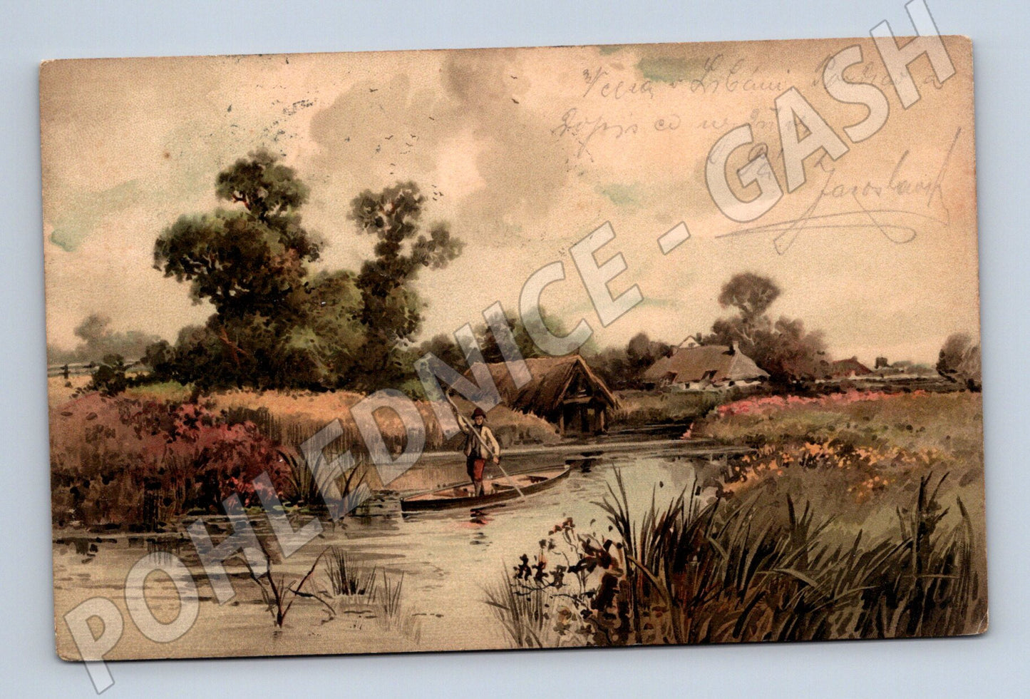 Pohlednice vesnice u řeky 1905 Čechy (M9677)