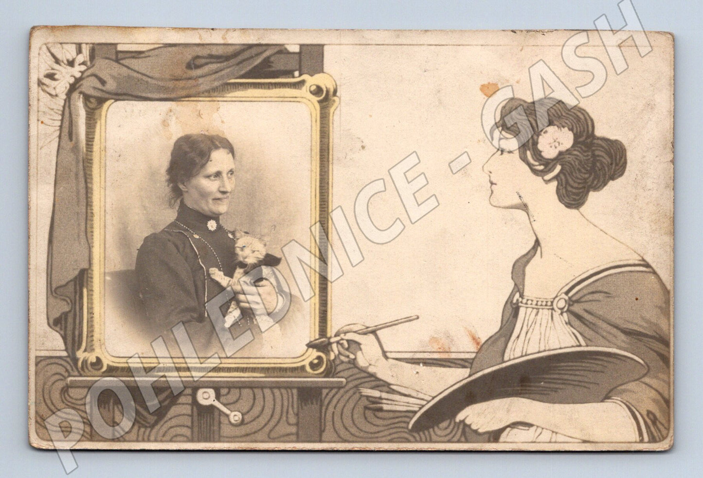 Postcard woman with cat Art Nouveau 1900 (M9691)