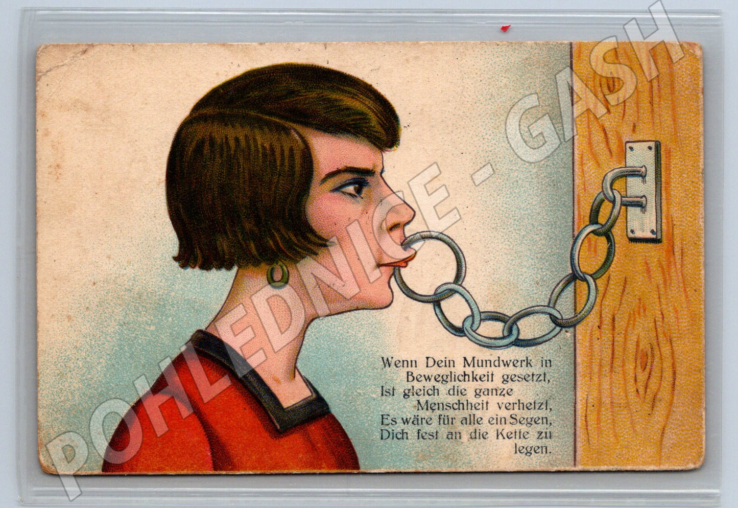 Postcard woman with chain on mouth humor (M9692)