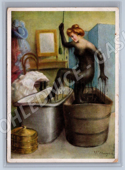 Postcard woman in barrel humor 1900s (M9696)