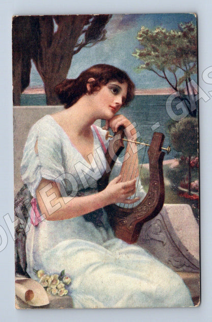 Pohlednice dáma s lyrou RU 1915 (M9774)