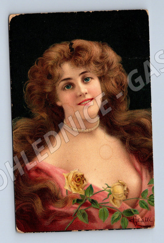 Pohlednice dívka s růží Maďarsko 1900 (M9779)