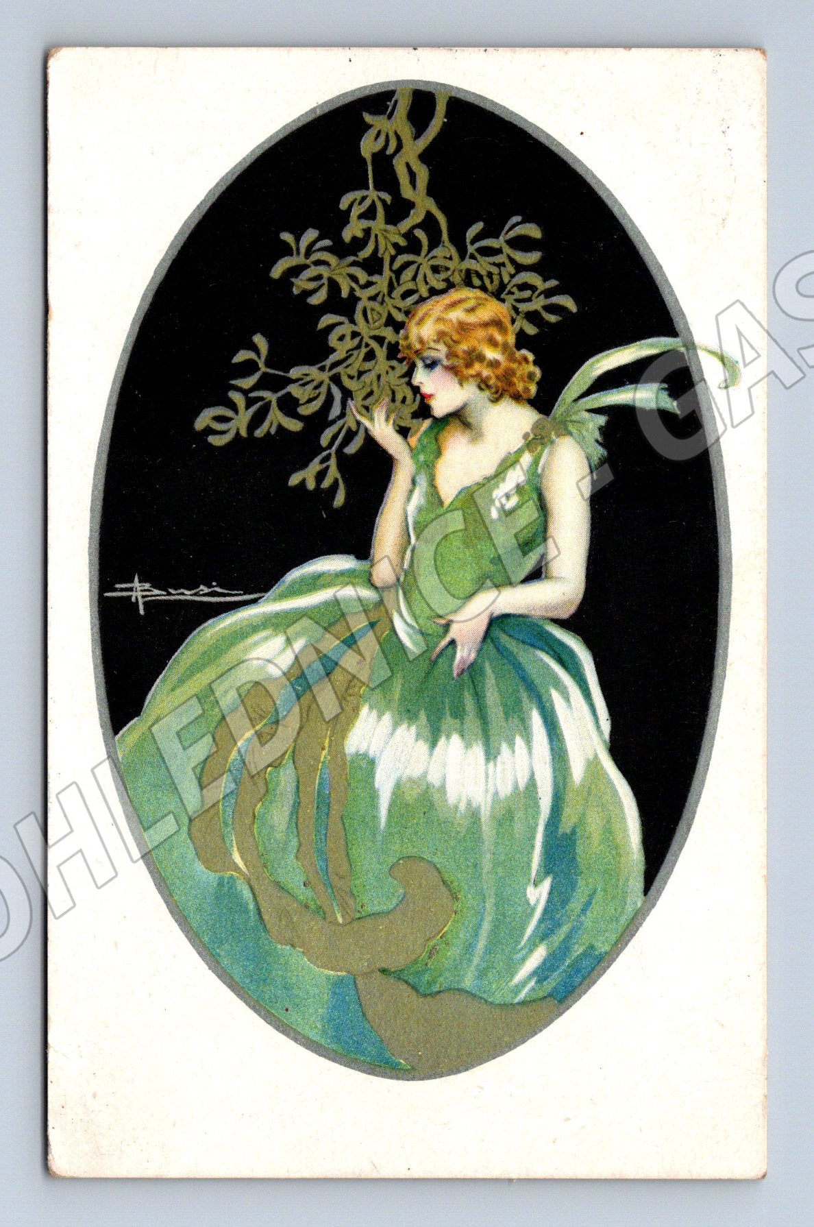 Pohlednice art nouveau žena v zelených šatech (M9786)