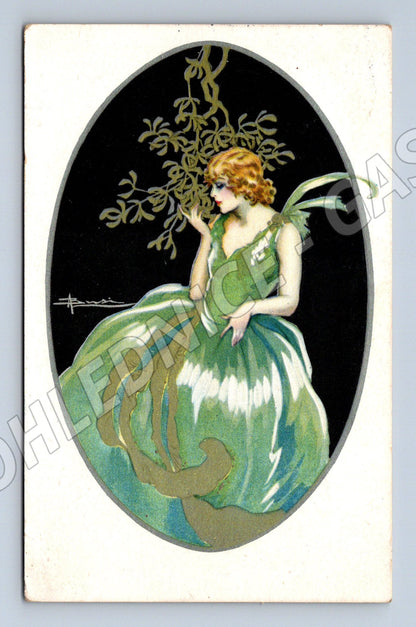 Pohlednice art nouveau žena v zelených šatech (M9786)