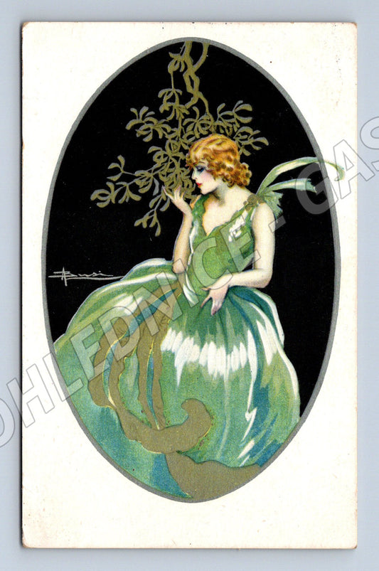 Pohlednice art nouveau žena v zelených šatech (M9786)