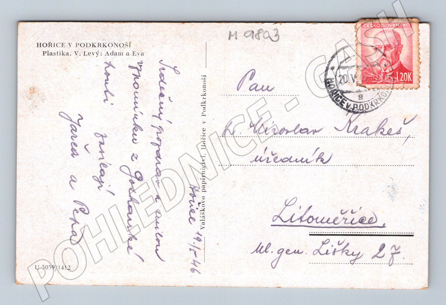 Postcard Hořice sculpture Adam and Eve (M9803)