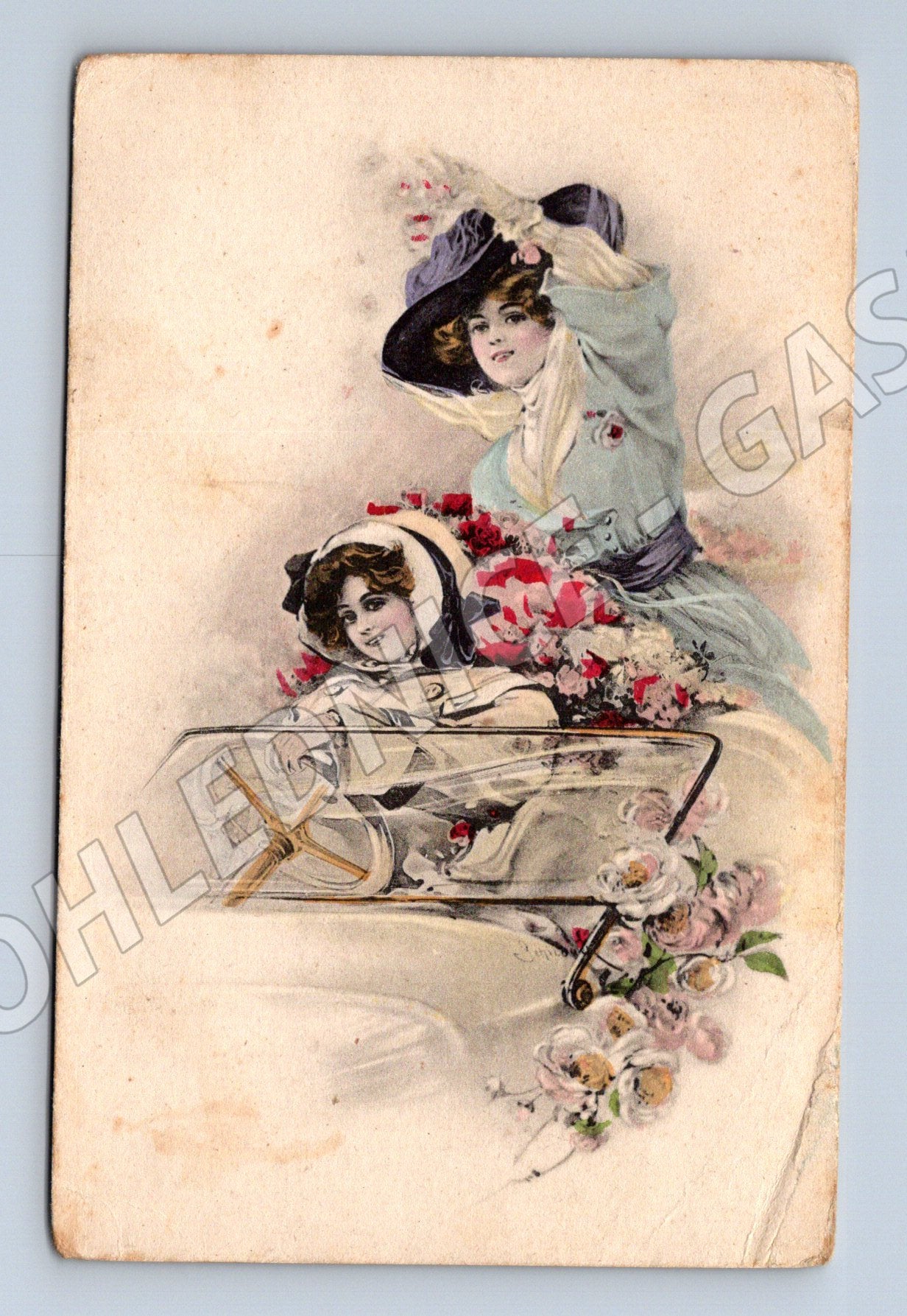 Painted postcard 1914 ladies AUTO FELDPOST 407 (M9848)
