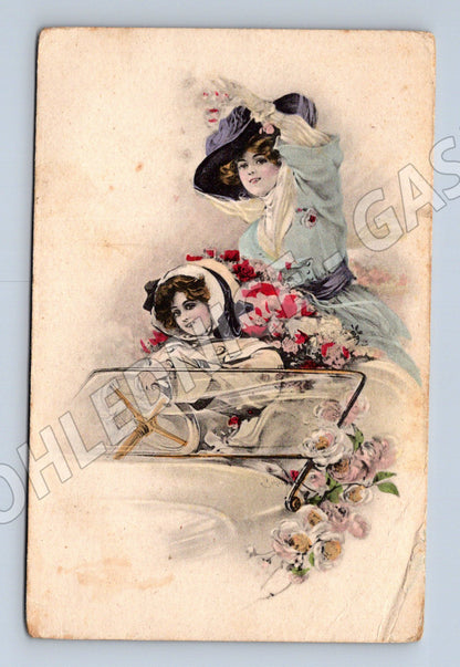 Painted postcard 1914 ladies AUTO FELDPOST 407 (M9848)