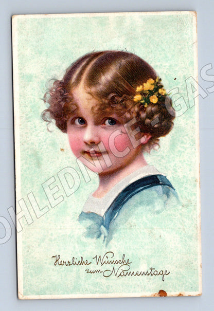 Postcard portrait of a girl, congratulations on the holiday (M9849)