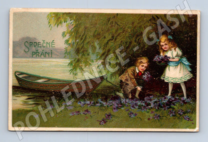 Postcard Joint Wishes Children by the River 1913 (M9853)