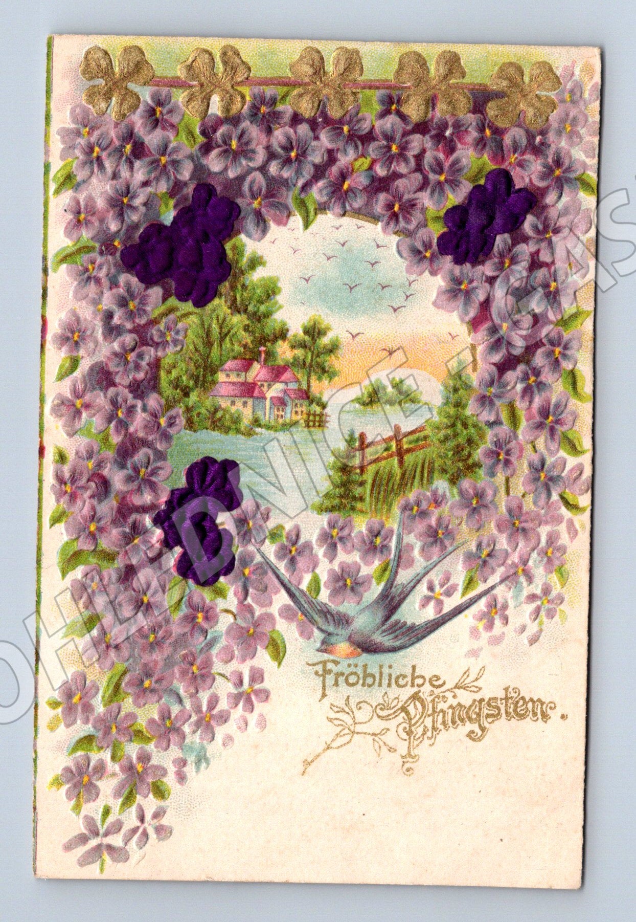 Art Nouveau flowers and swallow postcard PRINTED (M9862)