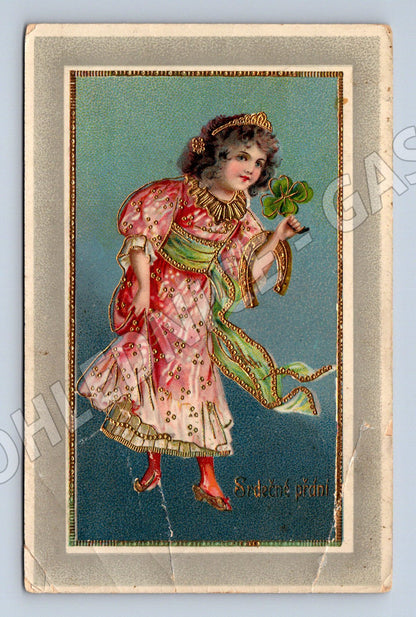 Postcard girl with a four-leaf clover, greeting card 1921 (M9870)
