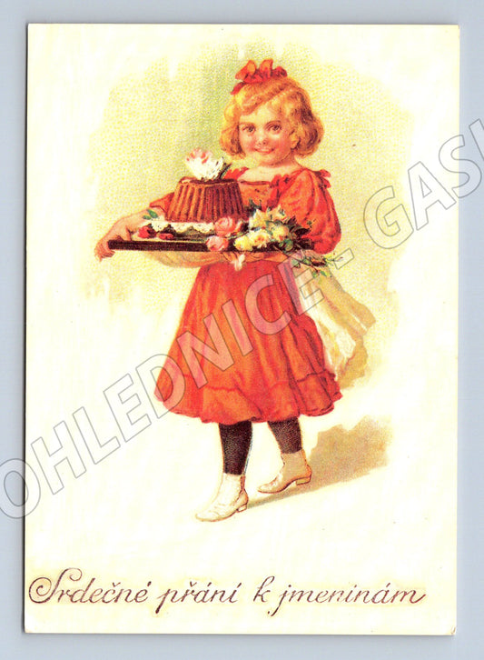 Pohlednice k jmeninám dívka s košíkem 1920 (M9897)